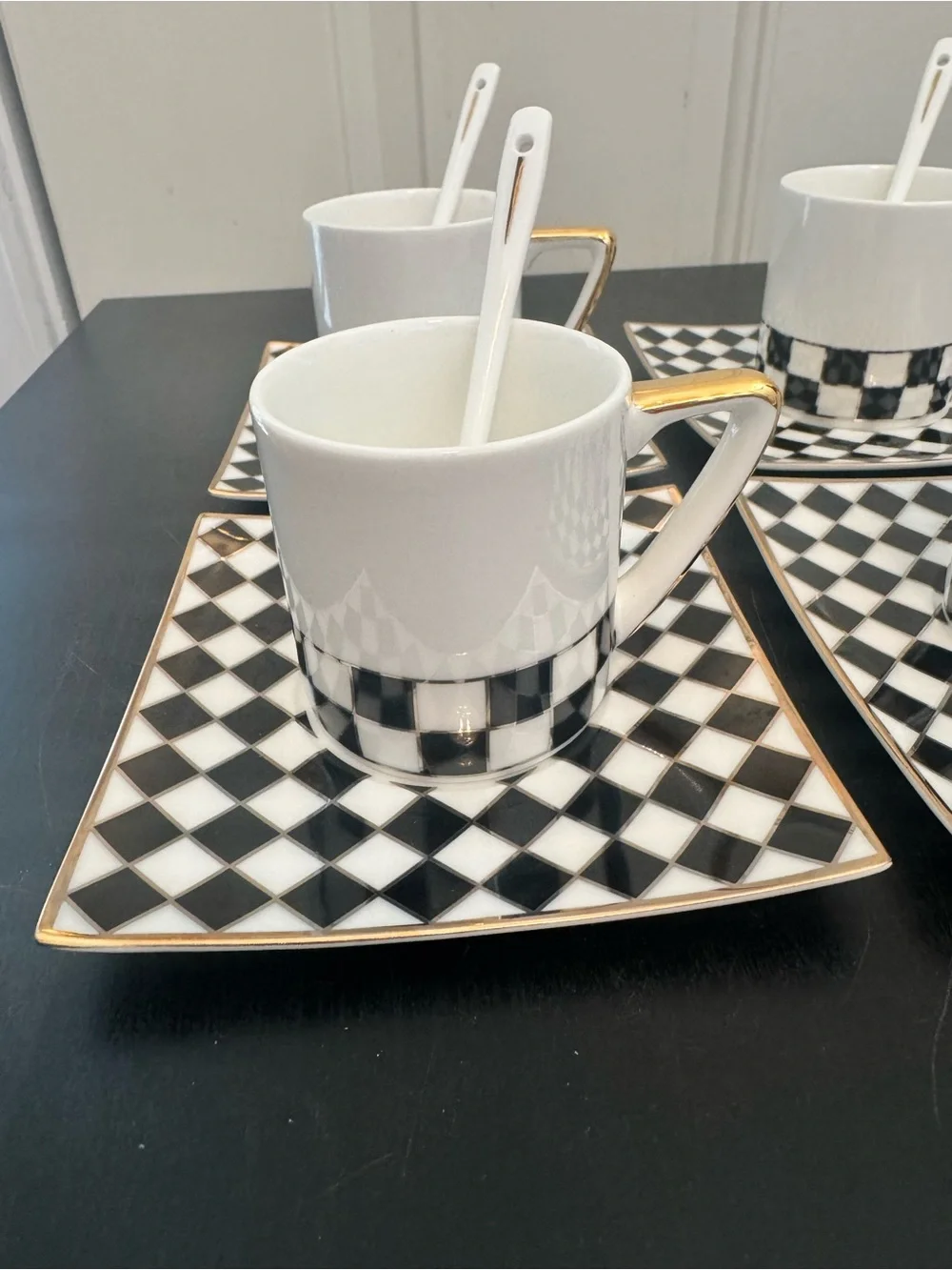 Set Of 4 Porcelain Checkered Black White Gold Espresso Coffee Cup Saucer Spoon